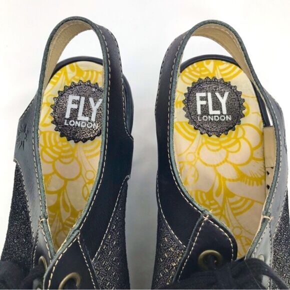 Fly London Black Metallic Perforated Leather Slingback Lace Up Chunky Wedges - Picture 10 of 16